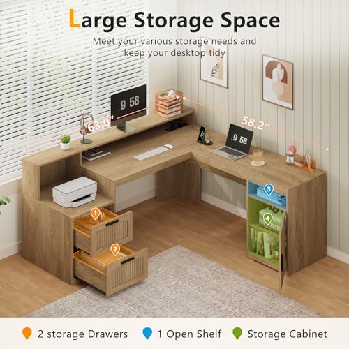 63" Fluted L Shaped Desk with Drawers & Printer Shelf for Home Office - Image 4
