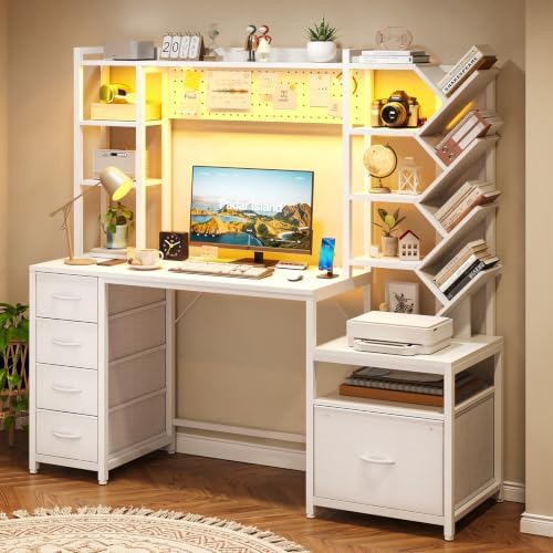 61.4" Computer Desk with Bookshelf, 5 Drawers, Desk with Hutch, Outlet, LED - Image 5
