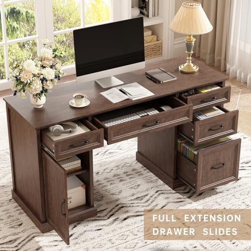 CARPETNAL 58'' Farmhouse Executive Desk with Drawers, Home Office Desk with File Drawer and Storage Cabinet, Rustic Computer Desk for Working, Studying, Writing, Brown - Image 4