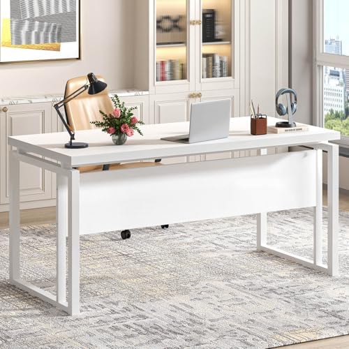 EXCEFUR White Computer Desk, Simple Wood and Metal Home Office Desk, Modern Study Writing Table Workstations for Living Room Bedroom, 53 Inch - Image 3