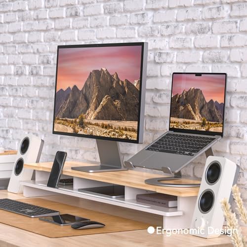 42.5" Dual Monitor Stand Riser with Phone Holder Desk Shelf White - Image 4