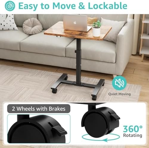 WINAZ Small Portable Laptop Rolling Desk - 24 Inch Mobile Computer Desk Adjustable Height on Wheels for Small Spaces, Couch Kids Desks End Side Table, Teacher Podium for Classroom, Rustic Brown - Image 7