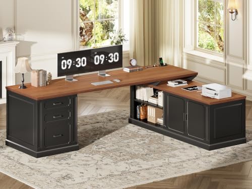 SEDETA Farmhouse L Shaped Desk with Drawers, 70.9" Home Office Desk with Storage Cabinet and Storage Shelves, L Shaped Computer Desk with Power Outlet，Black+Brown by SEDETA