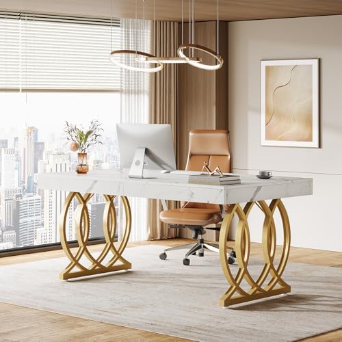 Tribesigns 63-Inch Executive Desk, Modern Office Computer Desk with Stylish Gold Legs, Rectangular Workstation for Home Office, Small Conference Table for Meeting Room (White & Gold) - Image 5