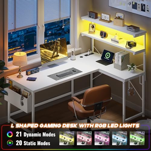 DurayLoly White L Shaped Desk with LED Light & 5 Power Outlet for Gaming - Image 4