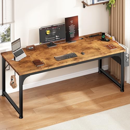 DurayLoly 63 x 24 inch Large Computer Desk, 24mm Thick Desktop with Power Outlets, RGB LED, Office Desk with Detachable Stand, 150LBS Heavy Duty, Spacious Desk for Multi-Tasking Workers, Brown - Image 2