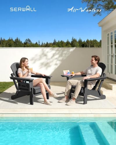 SERWALL Folding Adirondack Chair, 4 in 1 Cup Holder Patio Chair - Black - Image 7