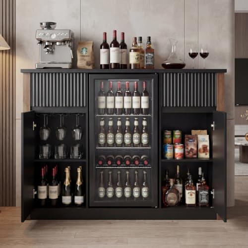 55.1" Coffee Bar Cabinet with Mini Fridge Space, Power Outlet, Black - Image 7
