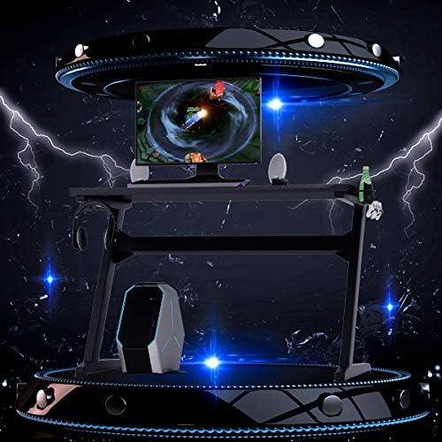 Tangkula Gaming Desk, Z Shaped Ergonomic Gaming Computer Desk, E-Sports Game Desk with Cup & Headphone Holder and Mouse Pad, Gamer Workstation, Carbon Fiber Surface and Z-Shape Steel Frame (Black) - Image 4