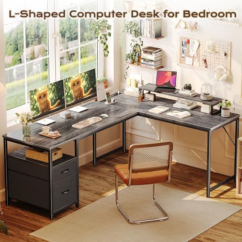 PRAISUN 63 Inch L Shaped Desk with Power Outlets and USB-C Port, Computer Corner Home Office Desk with File Fabric Drawers and Movable Monitor Stand, Larger Storage, Gaming, Writing, Work, Grey - Image 3