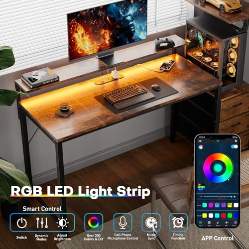 HLDIRECT 44 Inch Gaming Desk with Power Outlets & LED Lights, Rustic Brown - Image 5