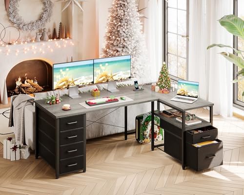 Coleshome 55 Inch L Shaped Office Desk with 6 Drawers, Power Outlet, Grey - Image 4
