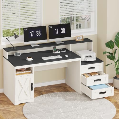 65" Farmhouse Computer Desk with Drawers and Printer Stand for Home Office - Image 3