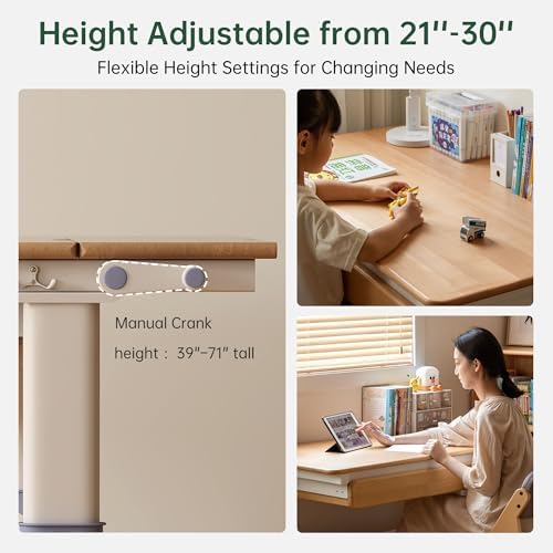 YESWOOD 21-30'' Height Adjustable Study Desk with Hutch, Beech Manual Crank Sit Stand Up Desk, 39'' Ergonomic Adjustable Small Low Desk with Pegboard & Shelf Hutch for Reading Writing Creative Moments - Image 5