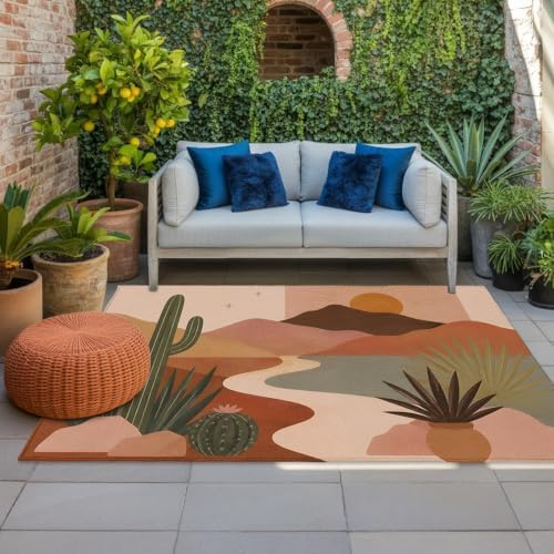 Boho Dessert 3x5 Waterproof Outdoor Rug with Non‑Slip Backing Rustic Southwest Radiant Sunburst Cactus Machine Washable Deck Patio Rug Mat for Camping, RV, Garden, Balcony Pool by Unknown