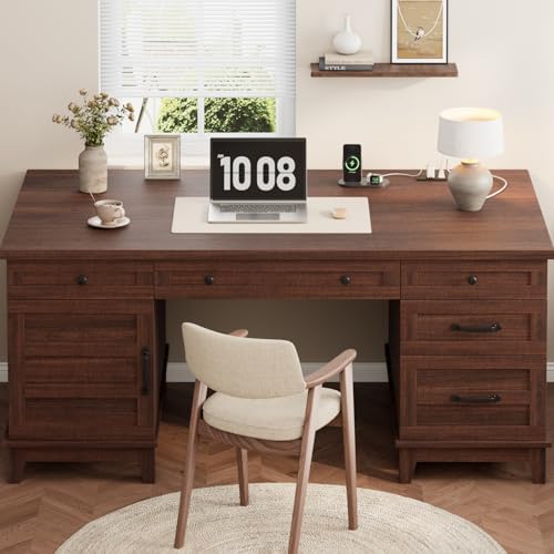 GarveeHome Executive Desk with File Drawers, Farmhouse Home Office Desk with Charging Station, 60 in Wooden Computer Desk with Cabinet Storage for Work Study Writing, Walunt Brown - Image 5