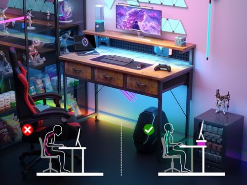 MUTUN Computer Desk with Drawers, 40 Inch Computer Desk with Power Outlet & LED Light, Gaming Desk with Adjustable Monitor Stand & Pegboard, Modern PC Study Writing Table for Bedroom, Rustic Brown - Image 6