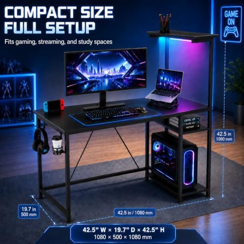 GTPLAYER 43" Gaming Desk with LED Lights, Reversible Shelves, Black - Image 2
