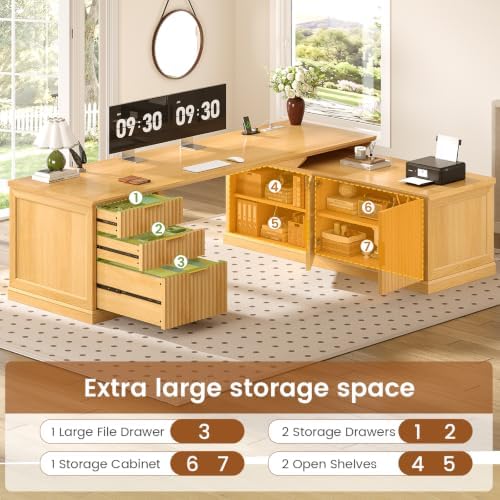SEDETA Fluted 70.9" L Shaped Desk with Drawers and Storage Cabinet, Oak - Image 4