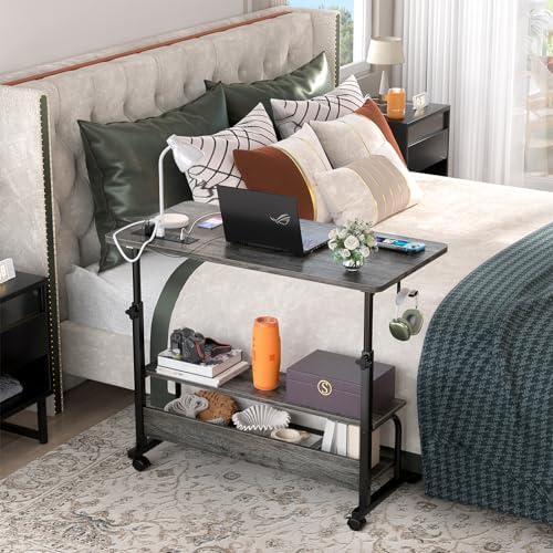 32" Height Adjustable Standing Desk with Power Outlets - Manual Rolling Stand Up Desk with Wheels Small Portable Computer Desk Mobile Laptop Table with Storage Shelves for Home Office, Grey Oak - Image 7