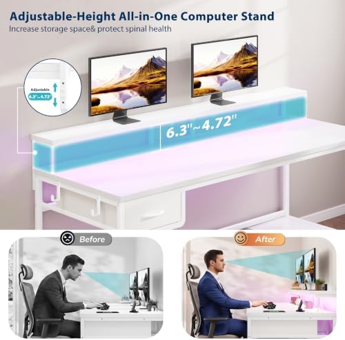 DurayLoly 55" Computer Desk with Power Outlet & Fabric Drawer,White - Image 6