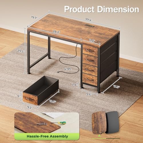 PRAISUN 39.4 Inch Computer Office Desk with Power Outelts and USB-C Port, Reversible Gaming Desk with 4 Fabric Drawers, Work Study Desk Work from Home, Rustic Brown - Image 3