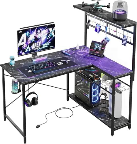 Bestier 42 Corner Computer Desk with Power Outlets LED Lights, Black Marble by Bestier
