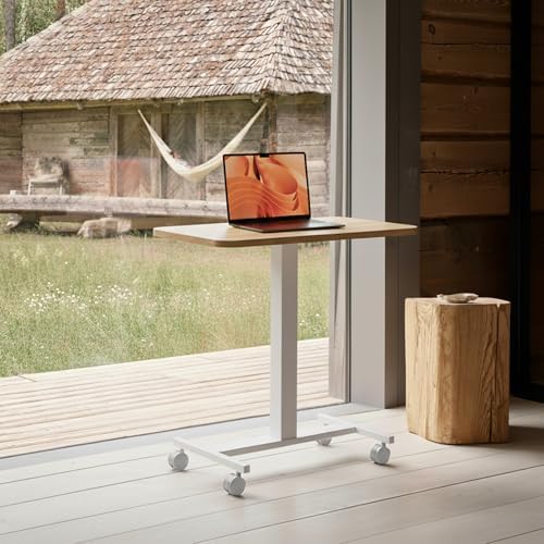 HUANUO Small Rolling Laptop Standing Desk, Height Adjustable Mobile T-Base Desk with Lockable Casters, Portable Sit-Stand Workstation for Bedside & Sofa, Light Walunt - Image 2