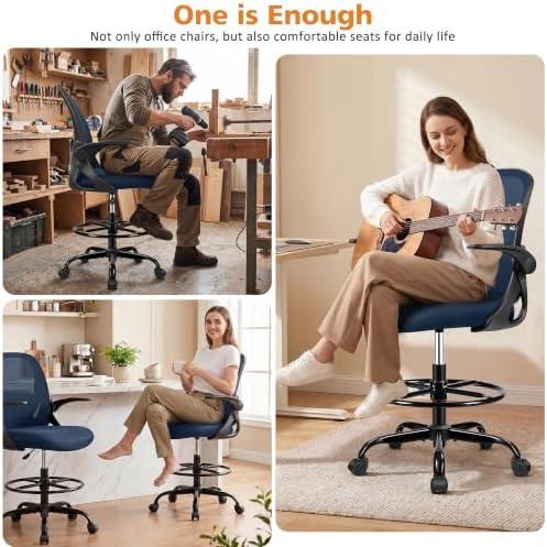 Drafting Chair Tall Office Chair with Flip-up Armrests, Adjustable Height, Enhanced Lumbar Support Ergonomic Rolling Stool, Back Support, Adjustable Foot Rest Ring for Standing Desk Navy - Image 5