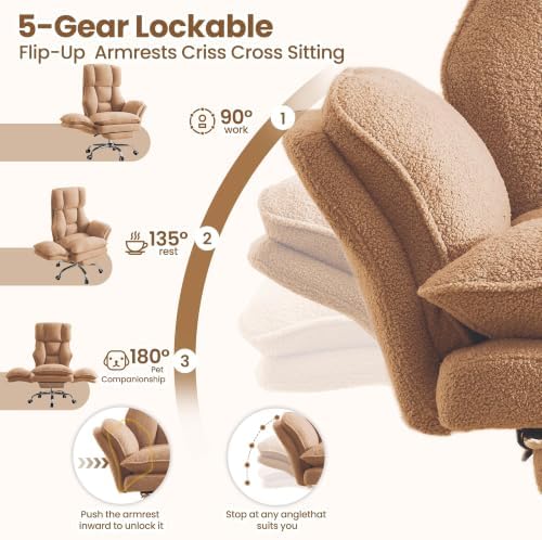 Big and Tall Office Chair with Flip Arms and Footrest, Teddy Criss Cross Legged Home Office Desk Chair with Pet Seat, Comfy Reclining Computer Gaming Chair, Khaki - Image 6