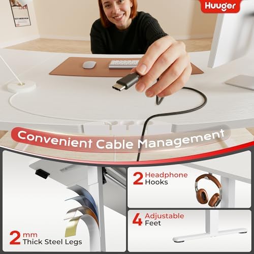 Huuger 71 x 30 Large Electric Standing Desk, Height Adjustable Computer Desk, 29.5" Deep Desktop, Stand up Gaming Office Table with 2 Hooks, 3 Preset Heights, for Home Office, White - Image 6