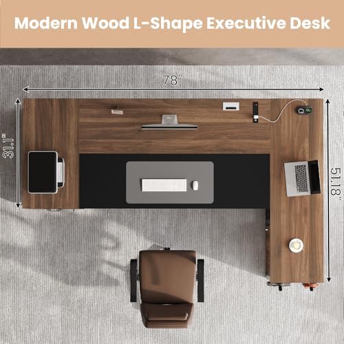 78" Executive Desk with Lockable File Cabinet, L Shaped Office Desk with Power Outlets, Large Executive Desk with Drawers and Storage Shelves , Reversible Computer Desk with Privacy Screen, Walnut - Image 2