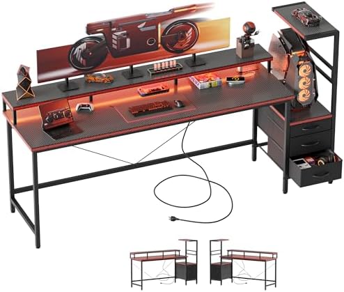 Mericonia 68 inch Gaming Desk with Drawers, Reversible Computer Desk, Black by MERICONIA