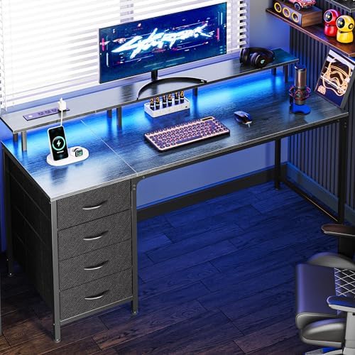 Huuger 55 Inch Computer Desk with Power Outlets and LED Lights, Gaming Desk with 4 Drawers, Office Desk with Monitor Stand, Study Work, Home Office, Gray by Huuger