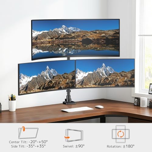 Triple Monitor Mount up to 49 inches, Fully Adjustable Heavy Duty 3 Monitor Arm with Gas Spring, Desk Mount for 3 Screens, C-Clamp & Grommet Base, Holds 44 lbs, Black - Image 4
