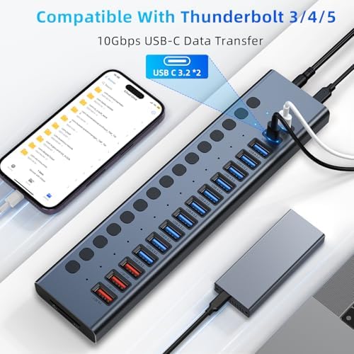 VANGREE Powered USB Hub 10Gbps, 17 Ports USB 3.2 Hub, 96W Power Adapter - Image 6