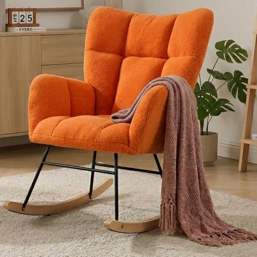 Nursery Rocking Chair, Teddy Upholstered Glider Chair with Thick Cushion, Tufted Gliding Rocker Chair with Wood Leg, Cozy Rocking Armchair, Accent Rocking Chair for Living Room (Orange) by Wryxplor