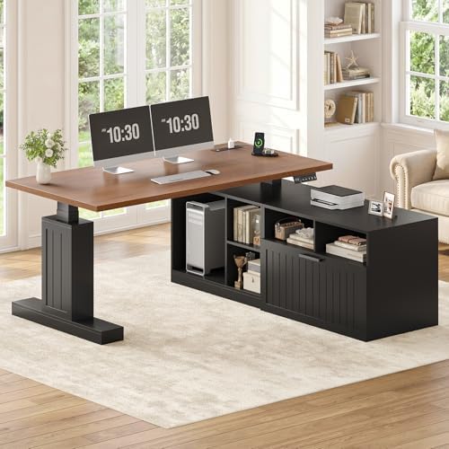 Farmhouse L Shaped Standing Desk with Lateral File Cabinet, 55.1" X 54.3" Electric Executive Desk Adjustable Height with Power Outlets, Shelves, Sit Stand Corner Computer Desk for Home Office, Black by UPOSOJAWishesYouaNiceDay