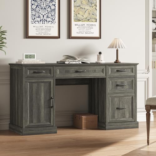 CARPETNAL 58'' Farmhouse Executive Desk with Drawers, Home Office Desk with File Drawer and Storage Cabinet, Rustic Computer Desk for Working, Studying, Writing, Grey by CARPETNAL