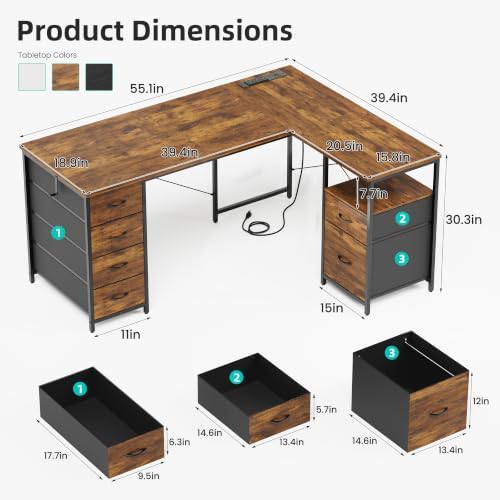 55 Inch L Shaped Office Desk with 6 Drawers & Type-C Port, Rustic Brown - Image 3