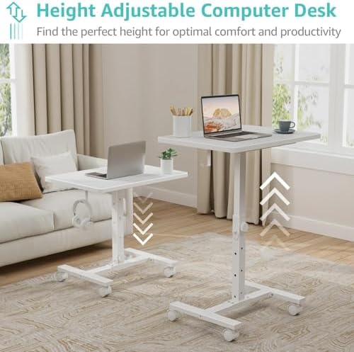 WINAZ Small Portable Rolling Desk Adjustable Height, 24 Inch Mobile Laptop Desk with Wheels for Dorm Room, C-Shaped Table for Sofa and Bed Side, Study Table for Students, White - Image 4