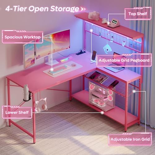 Bestier 51" L Gaming Desk with Power Outlets LED Lights, Carbon Fiber Pink - Image 5