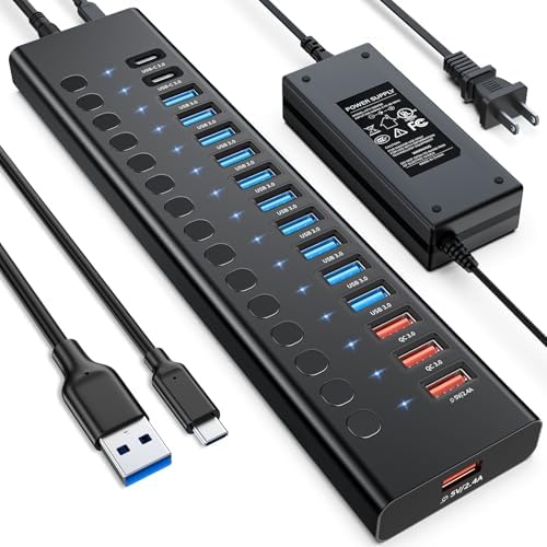 Powered USB Hub, AGEEN 16-Port USB 3.0 Hub (14 USB-A+2 USB-C), 5Gbps by AGEEN