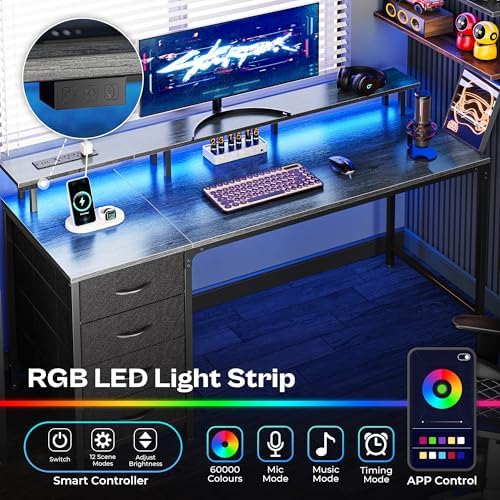 Huuger 55 Inch Computer Desk with Power Outlets and LED Lights, Gaming Desk with 4 Drawers, Office Desk with Monitor Stand, Study Work, Home Office, Gray - Image 3