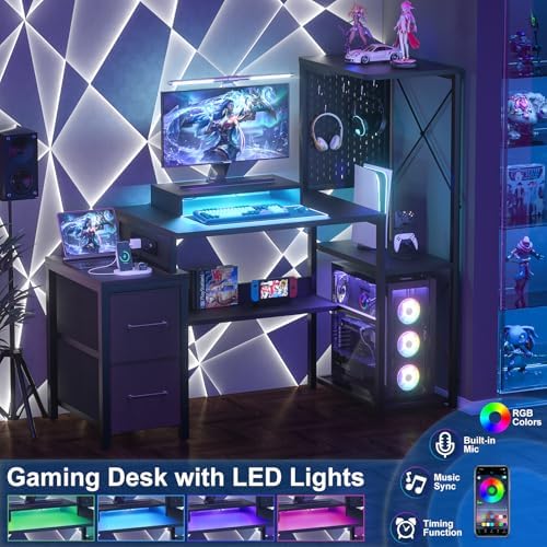 Small Gaming Desk with 2 Fabric Drawers - Reversible Computer Desk with Power Outlet & LED Lights, 49" Office Desk with Monitor Stand & Storage Shelves, Writing Study Table with Pegboard, Black - Image 5