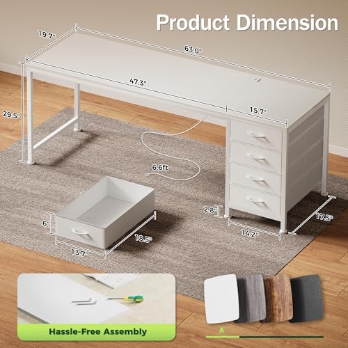 PRAISUN 63 Inch Computer Office Desk with Power Outelts and USB-C Port, Reversible Gaming Desk with 4 Fabric Drawers, Work Study Desk Work from Home, White - Image 3