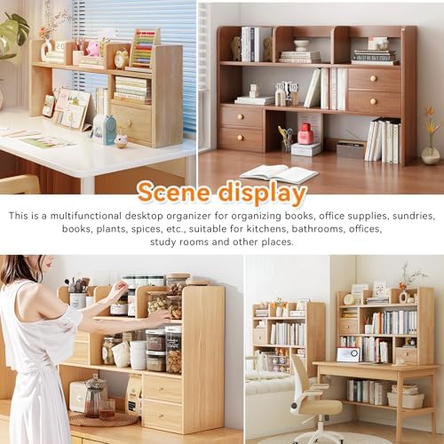 Desk Hutch, Wood Desktop Shelf Organizer with Cubby & Drawer for College Dorm Room, Office Desk Top Bookshelf for Storage - Image 7