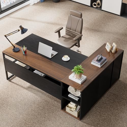 Tribesigns 71 inch Executive Desk, L Shaped Desk with Cabinet Storage, Executive Office Desk with Shelves, Business Furniture Workstation for Home Office, Black and Brown - Image 4