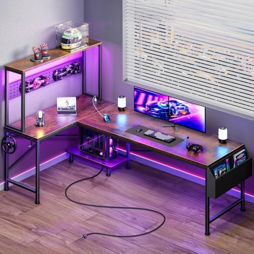 PRAISUN L Shaped Gaming Desk with LED Lights & Power Outlets by PRAISUN
