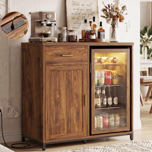 Unikito Coffee Bar Cabinet with Mini Fridge Space & Power Outlet, Walnut by Unikito